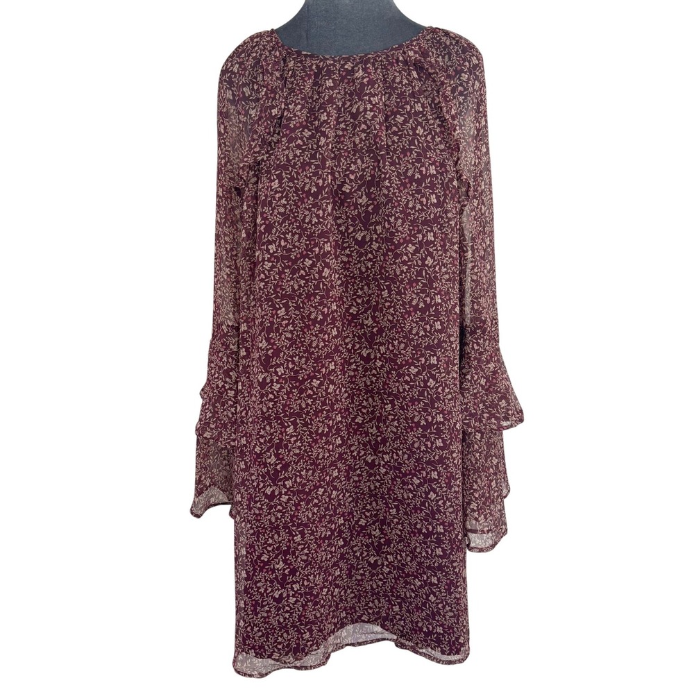 LOFT XL Boho Romance Mini Burgundy Floral Chiffon Shift Dress Ruffle Bell Sleeve